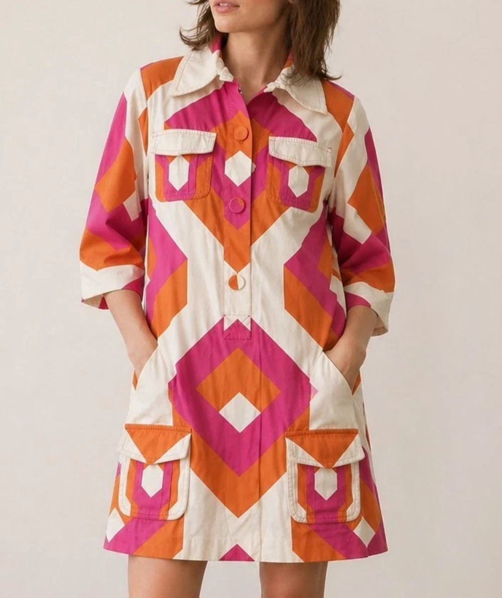 Diane Von Furstenberg Roberts Dress Geometric 3/4 Sleeve V Neck Pocket Mini 12